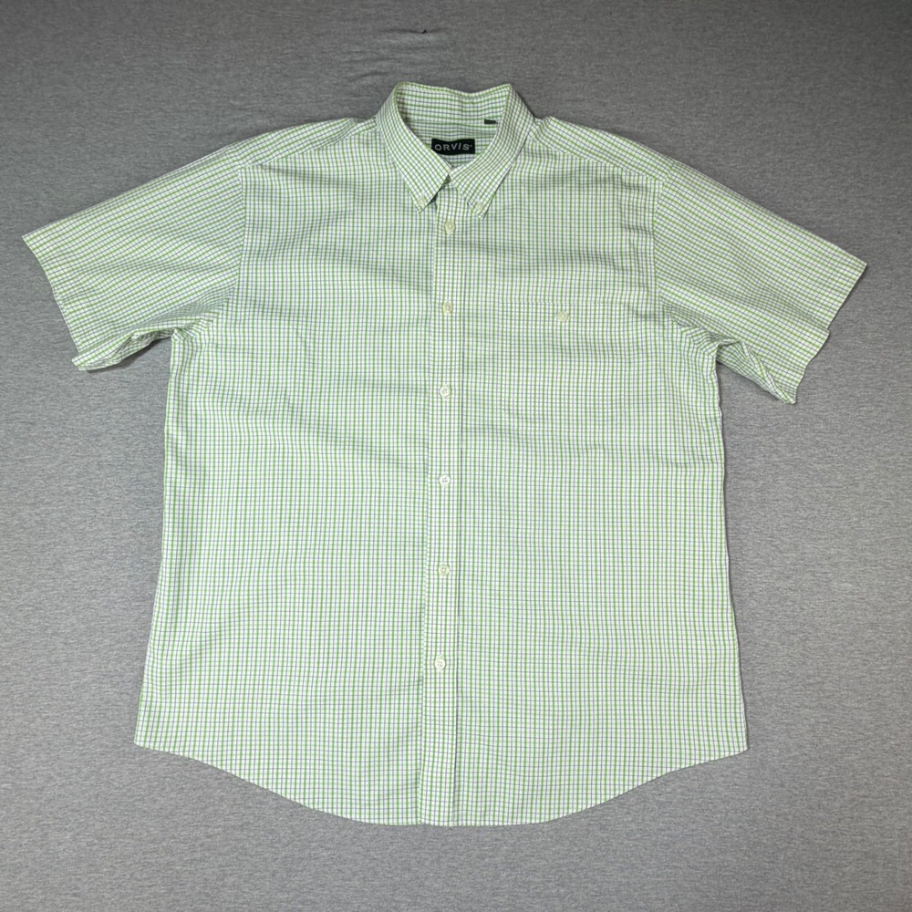 Orvis Mens XL Short Sleeve Button Down Shirt Green White Tattersall Wrinkle Free
